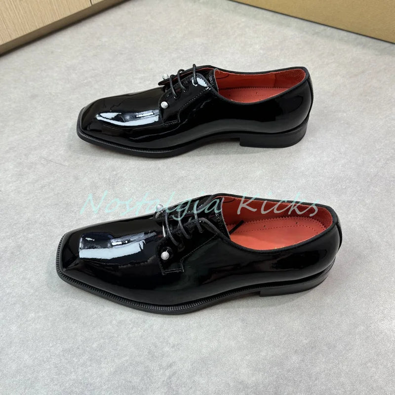 Black Shine Studded Detail Dress Shoes Patent Leather Red Lining Lace Up Men's Formal Shoes Casual Office Wear Oxford Shoes