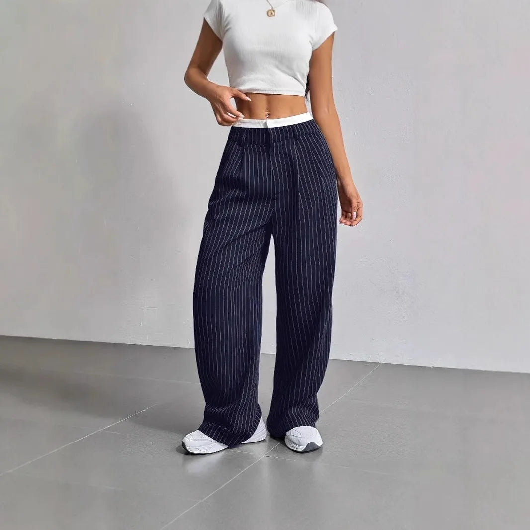 Fashion Pants Women's Stripe Straight Pants 2024 Autumn Winter High Waisted Casual Suit Pants Office Lady Women Trousers Bottoms BAZAARHUBO