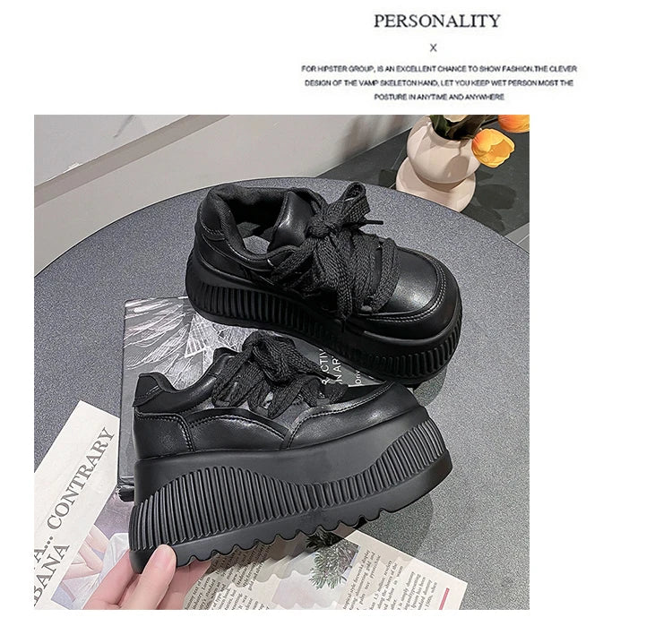 8.5CM New Synthetic Microfiber Leather Women Platform Wedge Ladies Chunky Sneakers 2024 High Brand Fashion Vulcanize Pumps Shoes