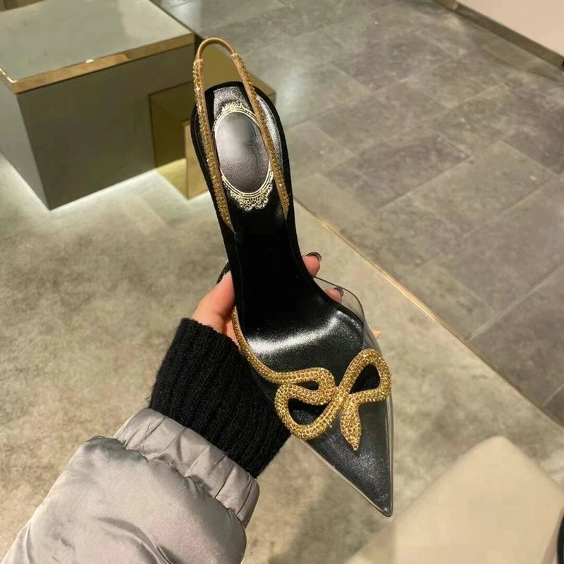 2024 Spring and Summer New Rhinestone High Heels Women's Thin Heels Pointed Sandals Transparent One-word Buckle Bag Head Shoes