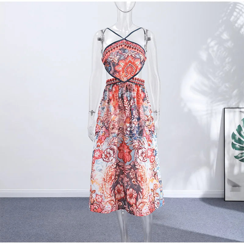 Halter Neck Floral Print Split Set Sleeveless Casual Top Tropical Wrap Slit Maxi Skirt 2026 Summer Bohemian Holiday Women Outfit