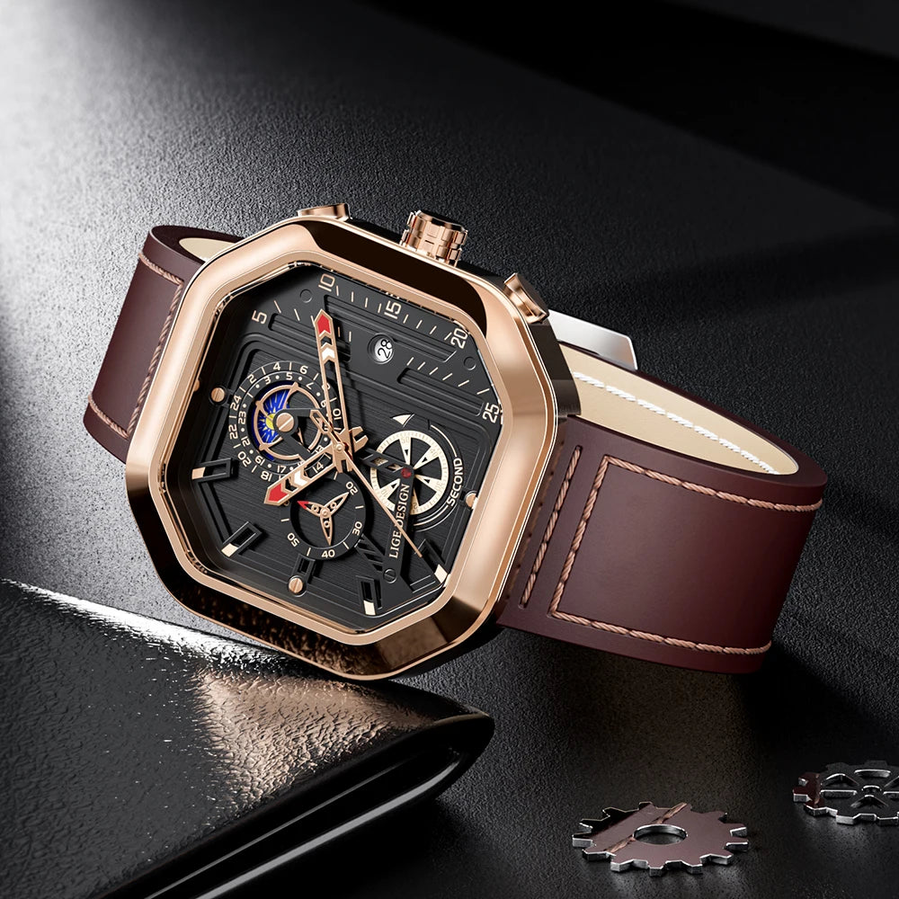 2025 LIGE Business Leather Watch For Men Top Brand Luxury Mens Watches Waterproof Quartz Wrsitwatch 24 Hours Moon Phase Clock