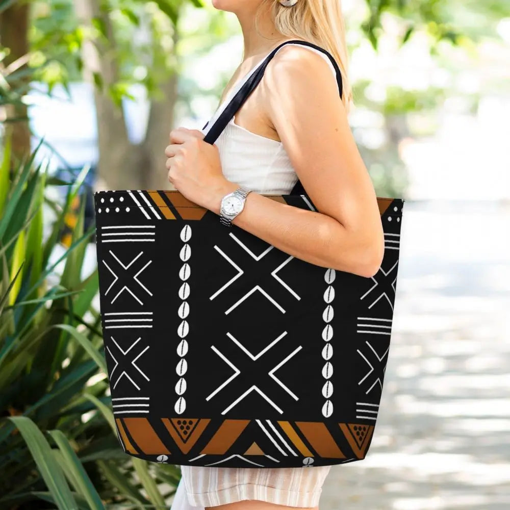 African Ankara Prints Grocery Shopping Tote Bags Women Geometric Ethnic Art Canvas Shoulder Shopper Bags Big Capacity Handbag