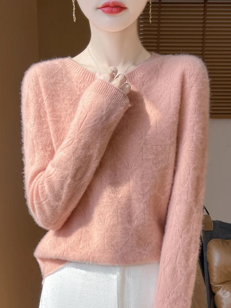 Women 100% Merino Wool Sweater Casual Hollow out Cashmere Blouse O-neck Pullover Tops Autumn Winter Warm Knit Woman Wool Sweater