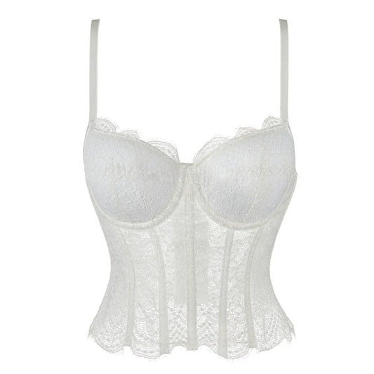 Women Corset Lace Fish Bone Bustier Vest Sexy Mesh Breathable Crop Top White Spaghetti Strap Lace Bra Burlesque Lingerie