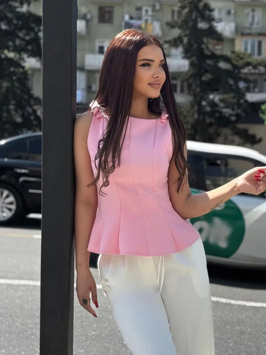 HH Female Summer Streetwear Style Sexy Top O-Neck Solid Sleeveless Bow Decorate Zipper Women's New Fashion Tops 2 Color