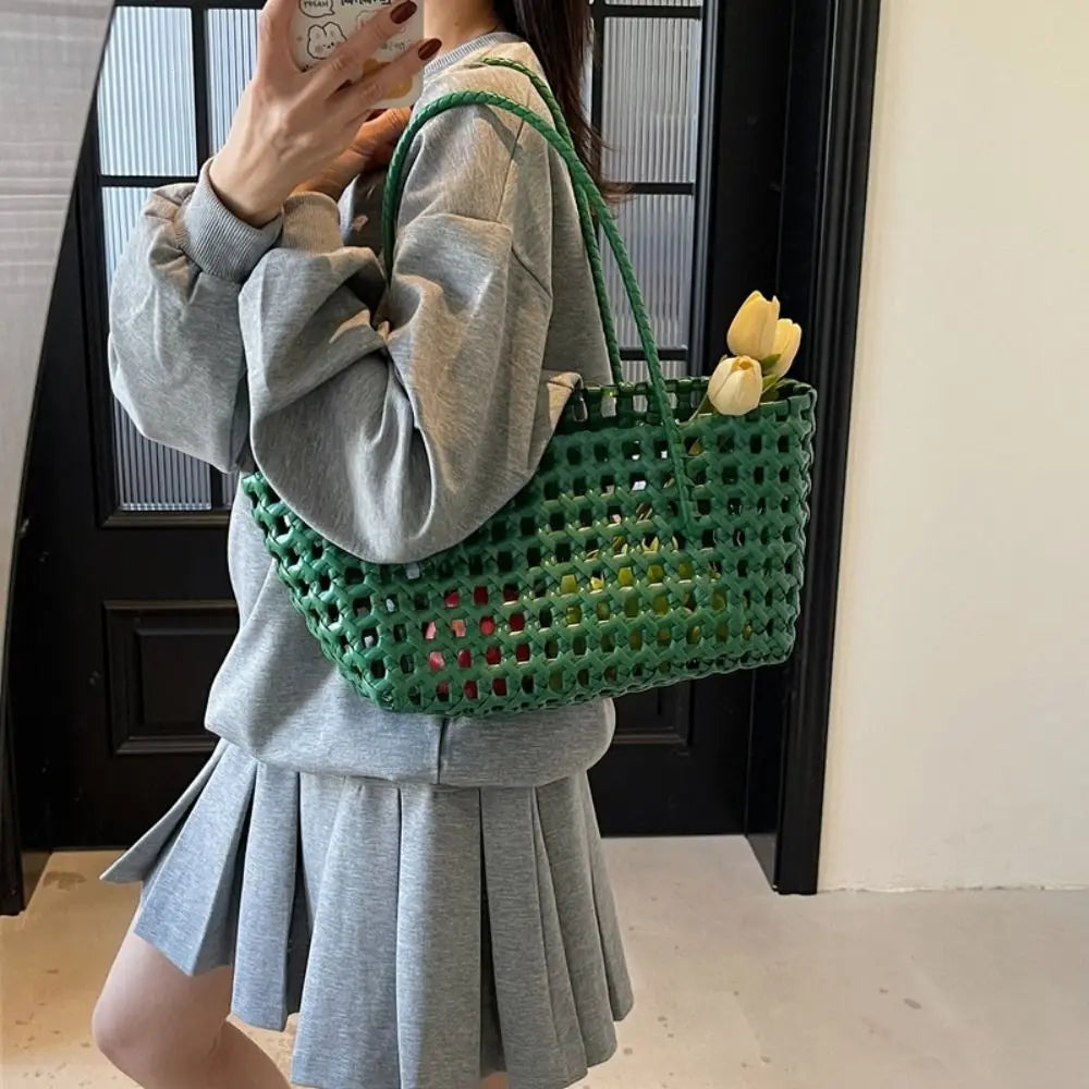 Simple Woven Women's Shoulder Bag Solid Color Large Capacity Tote Bag Hollow Handbag
