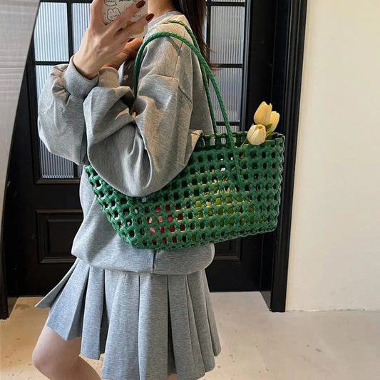 Simple Woven Women's Shoulder Bag Solid Color Large Capacity Tote Bag Hollow Handbag