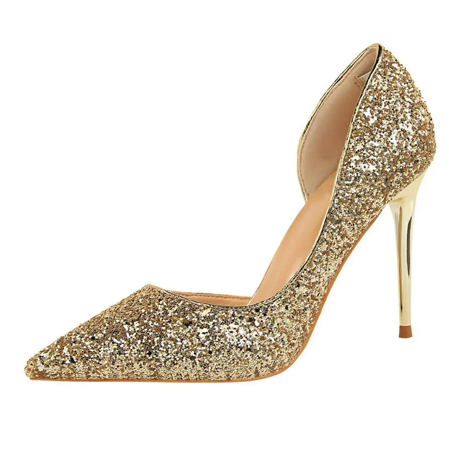 Plus Size 34-43 Women 9.5cm High Heels Stripper  Bling Glod Red Silver Scarpins Pumps Lady Stiletto Wedding Bridal Fetish Shoes