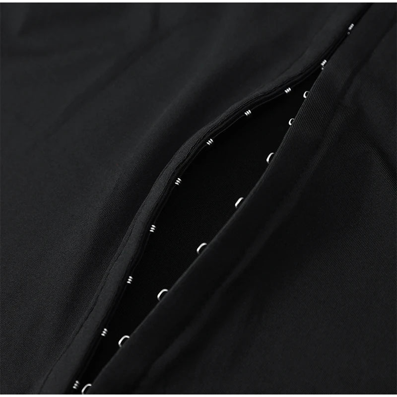 Y2k Black Hollow Out Slit Dress Women Solid Short Sleeve High Neck Slim Fit Maxi Dresses Lady Fashion Evening Party Club Robe