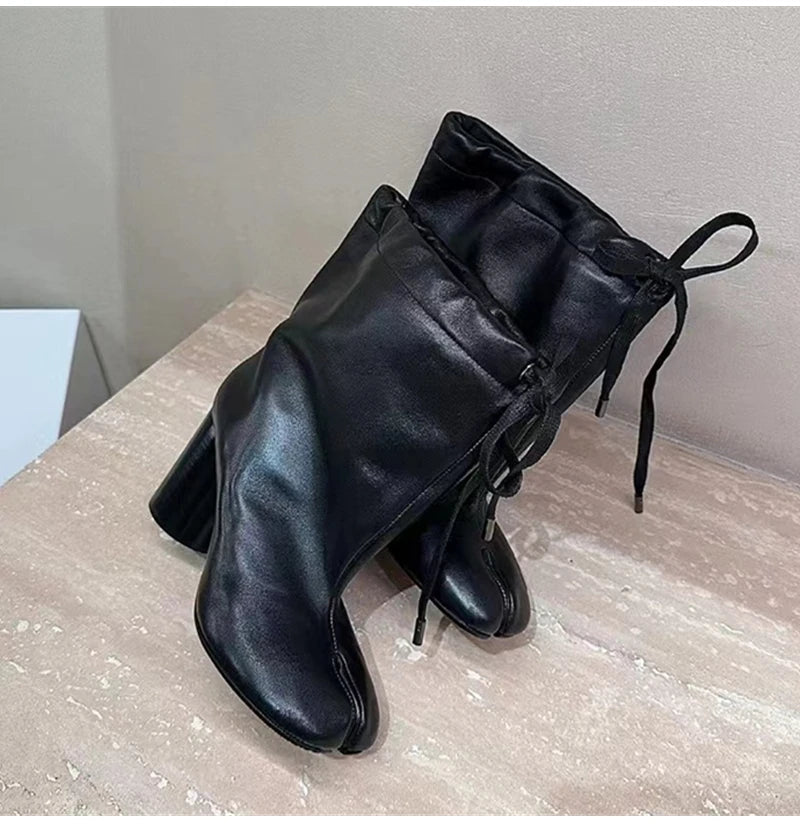Street Style Fashion Split Toe Women Mid-calf Boots Autumn Winter Genuine Leather Tabi High heels Modern Chunky Booties Shoes