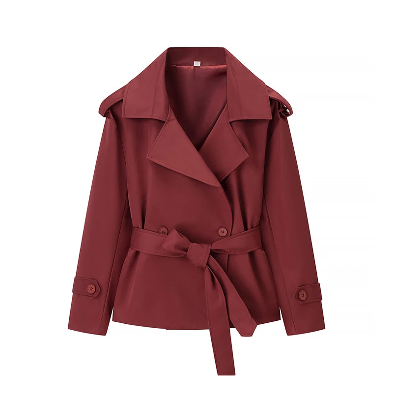 Lace Up Cropped Trench Coat Fashion Women Lapel Long Sleeves Wide Shoulder Windbreaker Jacket Lady 2026 Spring Commuting Outwear