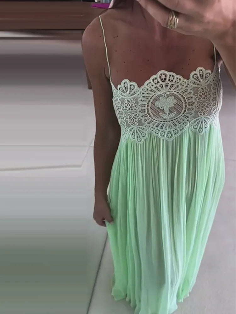 Sheer Layers Lace Stitching Solid Women's Suit Sling Mini Top High Waist Loose Long Skirt Fashion 2026 Summer New Beach Lady Set