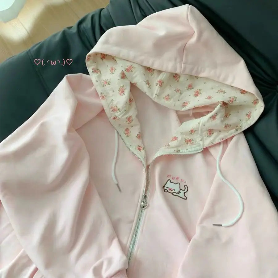 Harajuku Korean  Kawaii Hooded Coat Women Thin Long Sleeve Zipper Cardigan Y2K Streetwear New Mid-length Loose Jackets
