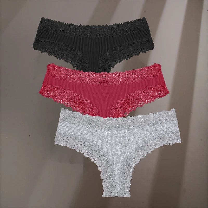 3Pcs/Set Sexy Lace Briefs Cotton Panties Women's Fashion 7 Solid Color Comfortable Briefs Low Waist Underpants Stretch Underwear