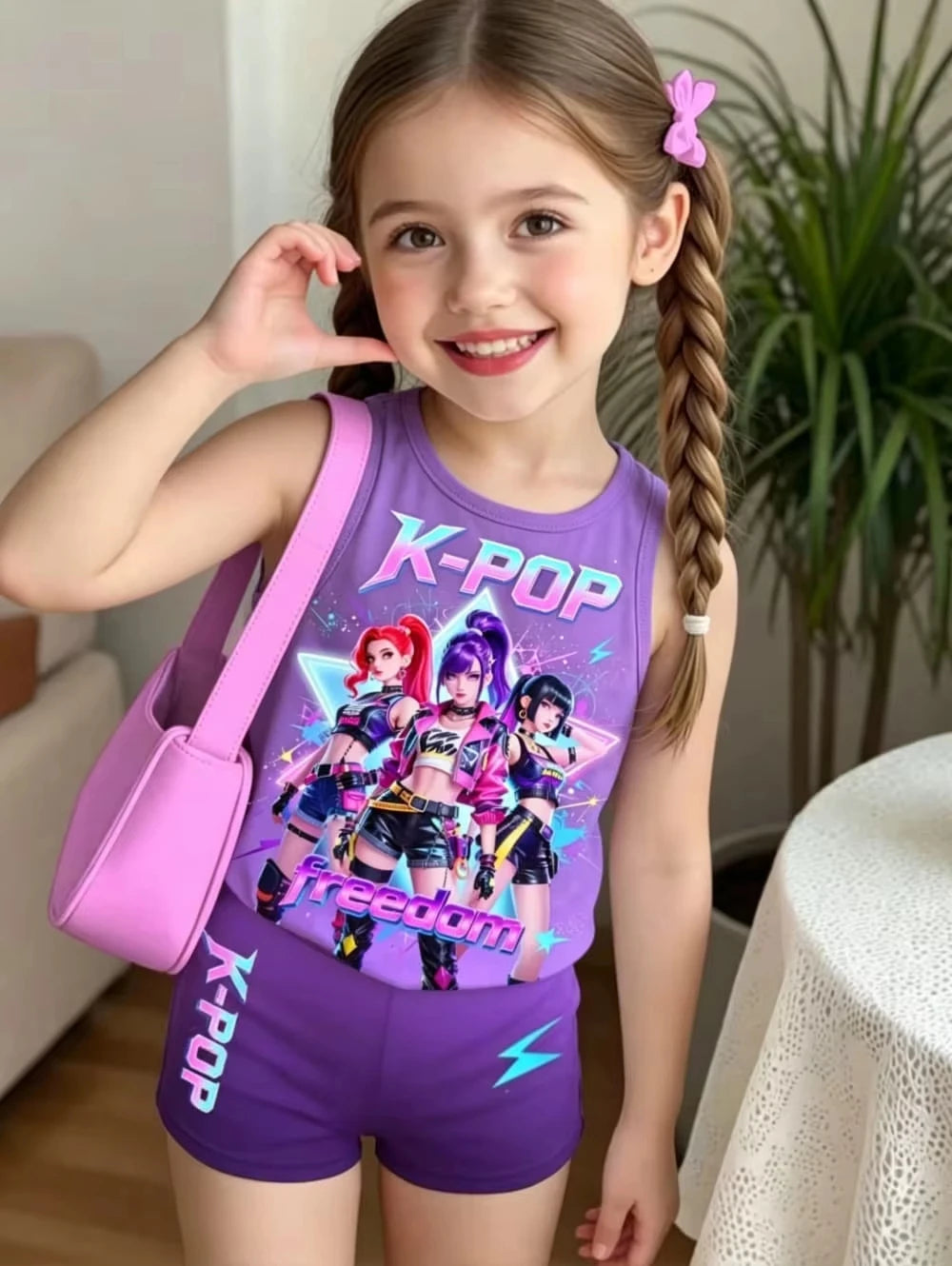 Kids Clothes Girls 2-Piece K-Pop Star Print Tank Top T-Shirt & Shorts Set Casual Streetwear Summer Daily Outfit Girls Clothes