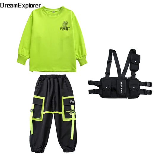 Boys Hip Hop Cool Vest Girls Cargo Pant Outfit Child Sweatshirt Chest Bag Joggers Street Dance Kids Streetwear Costume Sportwear