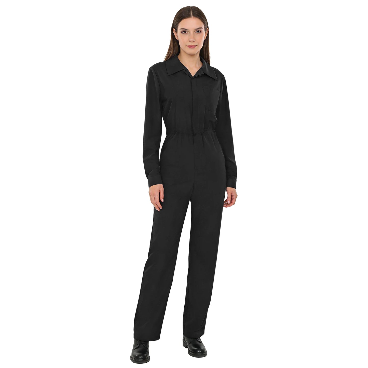 Womens Coverall Solid Color Turn-Down Collar Long Sleeve Button Jumpsuit Mechanic Work Overalls Fashion Casual Cargo Rompers