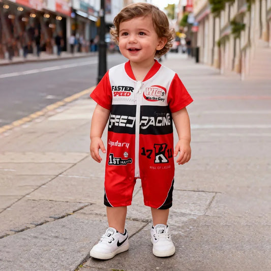 Summer Baby Racer Style Romper, Infant Motorsport Jumpsuit, Newborn Red & White Racing One-piece Outfit Short Sleeve Cool