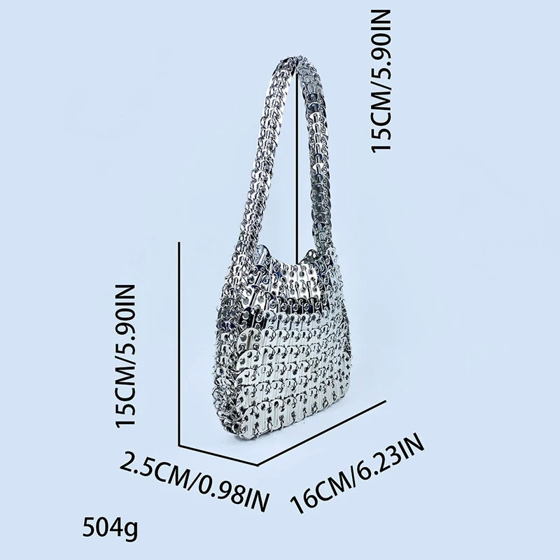 Shiny vintage iron sheet bag, hand-woven silver sequins, metal dumpling bag, mobile phone bag, handbag, shoulder bag