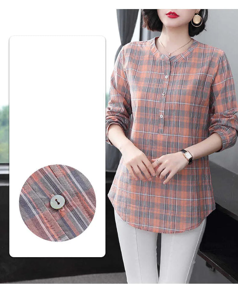 Fashion All-match Round Neck Plaid Shirt Women's Clothing Summer New Vintage Casual 3/4 Sleeve Button Spliced Pullovers Blouses