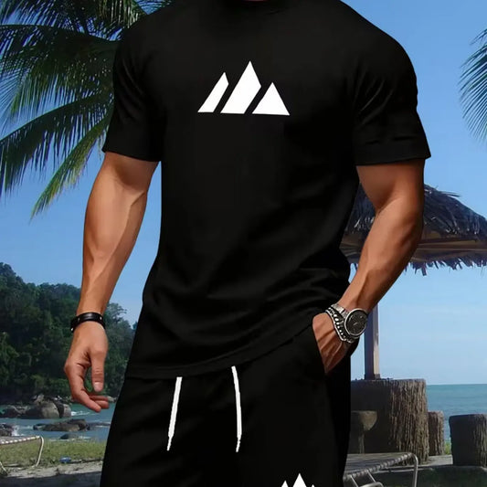 New summer fitness sportswear for men, short-sleeved T-shirt and shorts two-piece set, breathable and quick-drying casual wear.