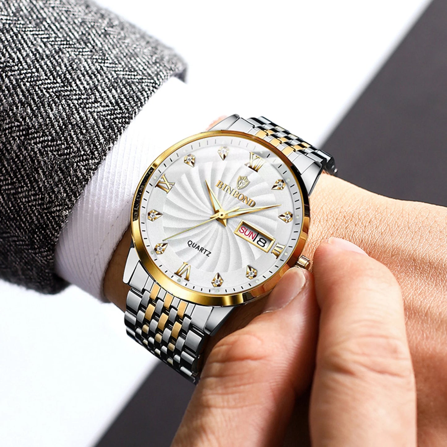 BINBOND Quartz Watches for Men Luxury Luminous Waterproof Precise Auto Date Week Display Men's Watch Casual Sturdy Reloj