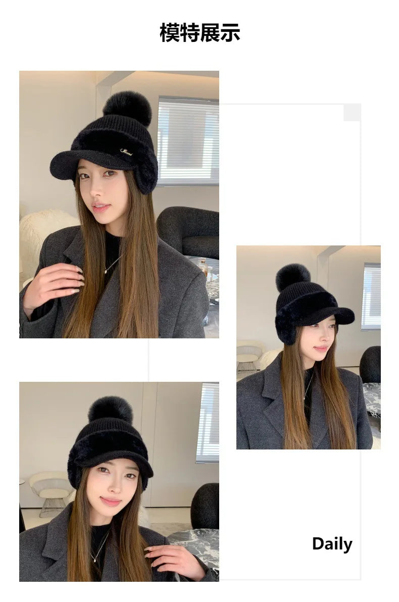Winter Caps Patchwork Mink Fur Ear Protection Plush Hat Fashionable Solid Color Simple Wool Ball Knitted Hat For Women Cap BAZAARHUBO