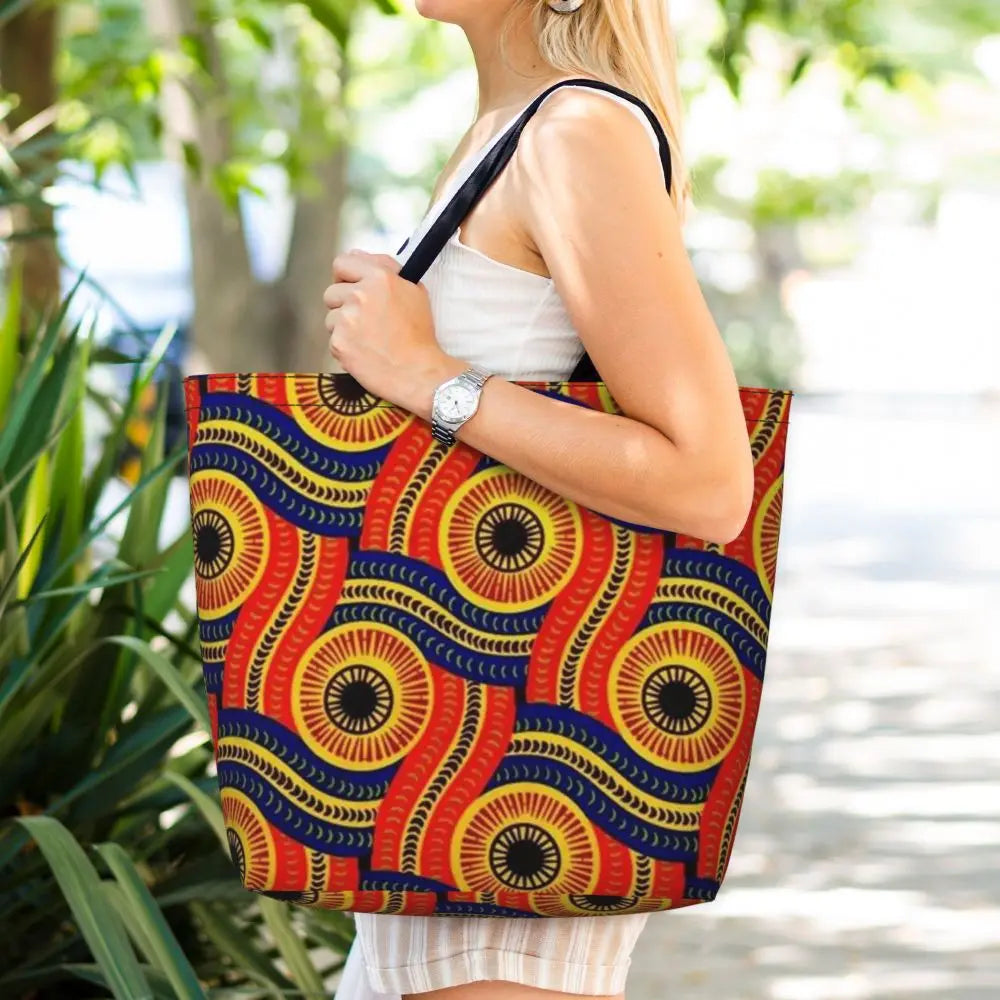 African Ankara Prints Grocery Shopping Tote Bags Women Geometric Ethnic Art Canvas Shoulder Shopper Bags Big Capacity Handbag