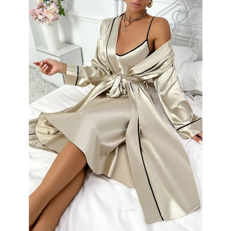 Women's Sexy Fashion 2 Piece Pajama Set  V-Neck Slip Dress with Long Robe Sleepwear