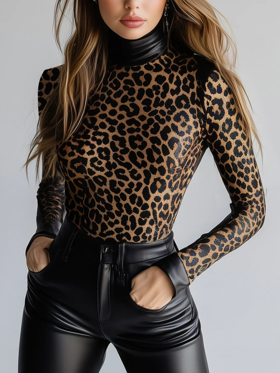 Women's PU Leather Leopard Print High Neck Long Sleeve Slim Fit Blouse