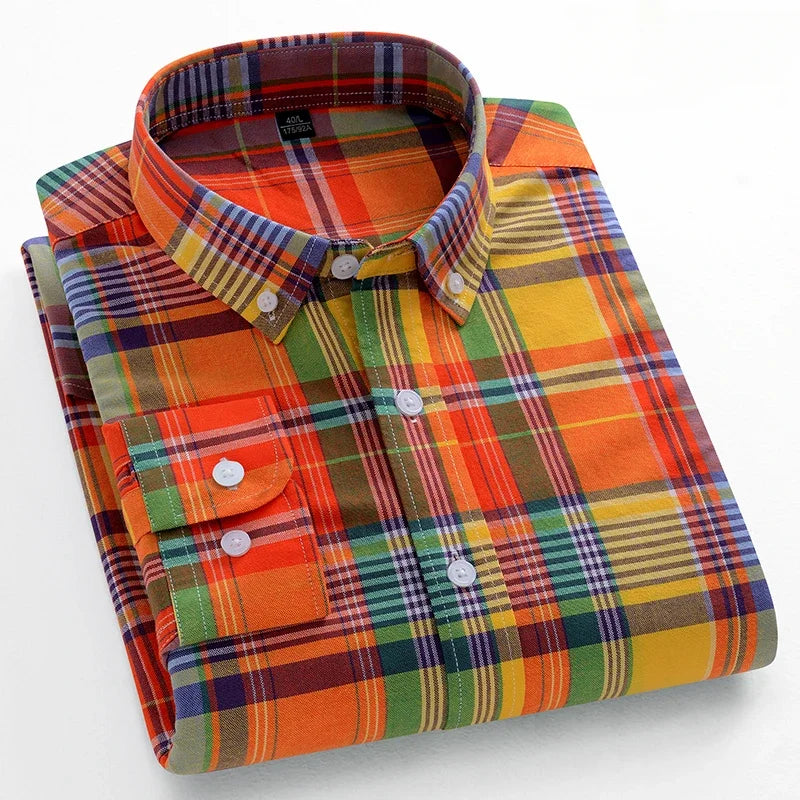 Fashion korean trends casual long-sleeve shirts for men slim fit plain shirt 100%cotton plaid striped tops soft designer clothes