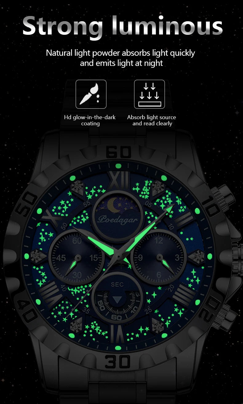 POEDAGAR Trendy Men Watch Chronograph Waterproof Luminous Stainless Steel Man Wristwatch Luxury Business Quartz Watches For Men