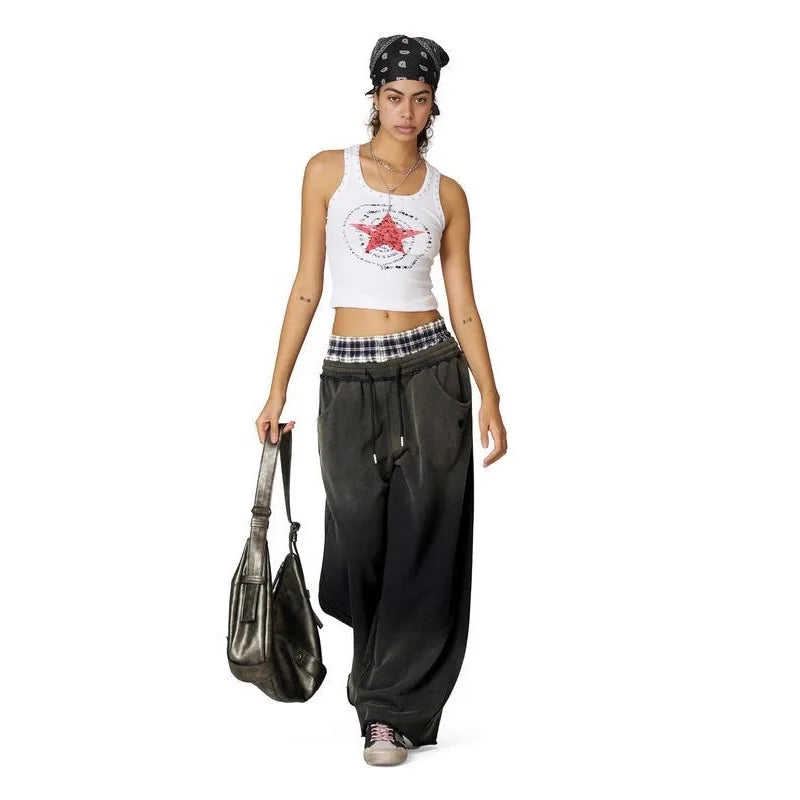 Mens Pants Washed Plaid Patchwork Double Waist Straight Leg Trousers Harajuku Unisex Low Rise Loose Fit Casual Streetwear New