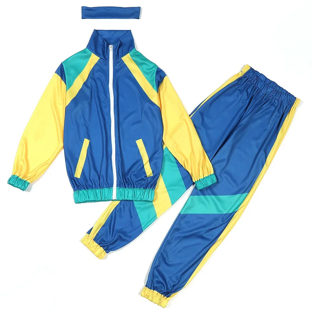 Kids Boys and Girls 80s 90s Sportswear Suit Retro Disco Hip Hop Costume Fashion Patchwork Long Sleeve Zipper Coat Trousers Suit