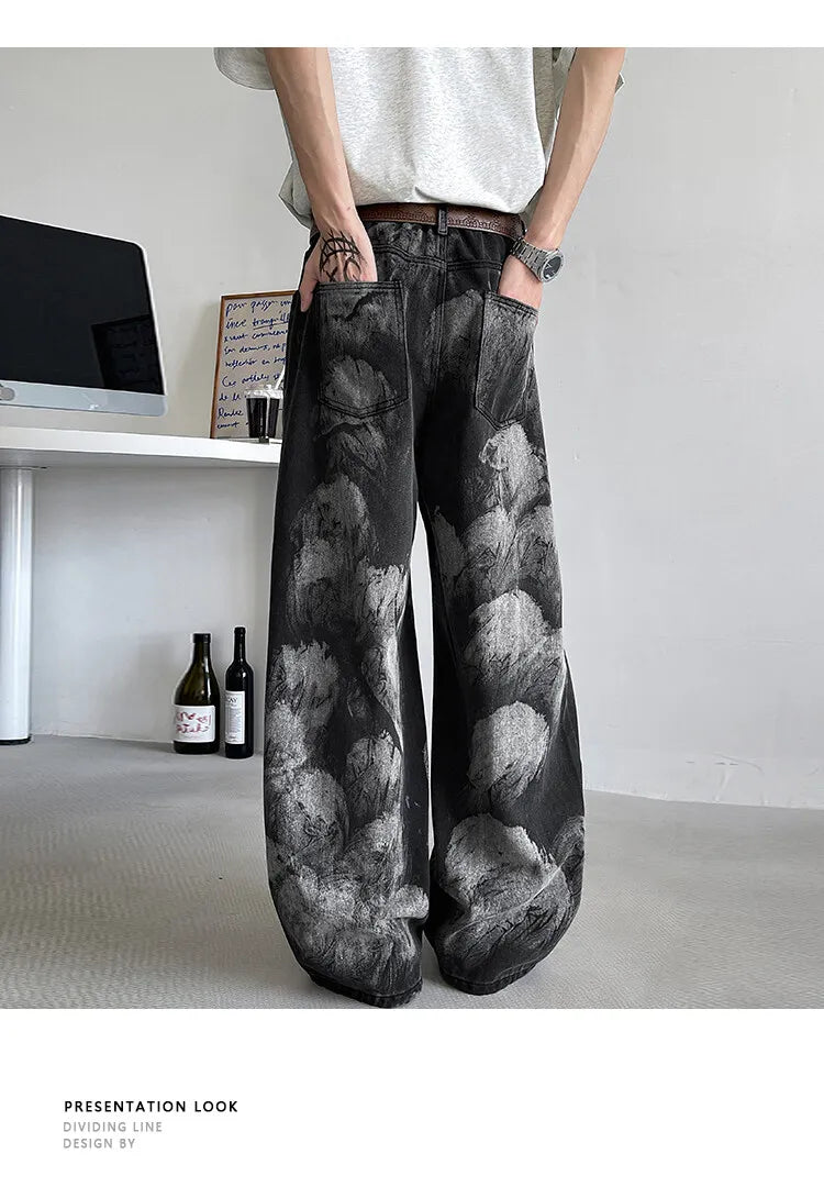 Straight Loose Fit Printed Streetwear Jeans Unisex Urban Fashion Trendy Casual Denim Pants mens Hip Hop Oversized Comfort 2023