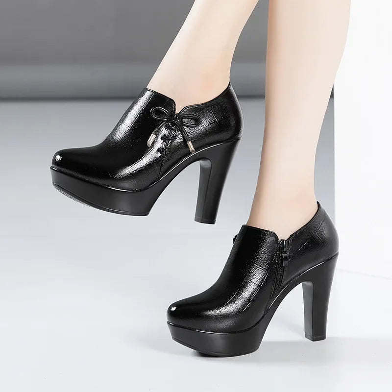 10cm Small Size 32-43 Elegant Black Bow Deep Mouth Thick Bottom Platform Pumps 2026 Winter Block High Heels Shoes Office Model