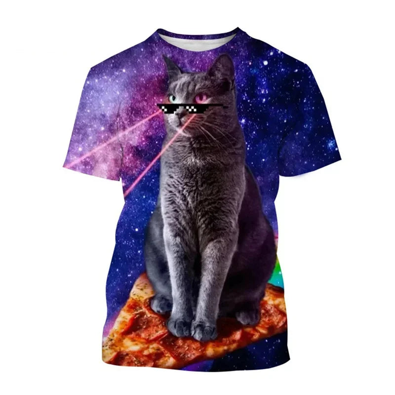 Summer 3D Printed Space Funny Cat T-shirt Men Women Cool Animal Top Tees Street Plus Size Short Sleeves T Shirt Kids Clothes