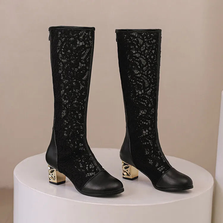 Vintage Hollow Embroider Mesh Surface Knee Length Women's Boot  5.5cm Thick Heel Fashion Women's Boot 34-47 Summer Cool Boots