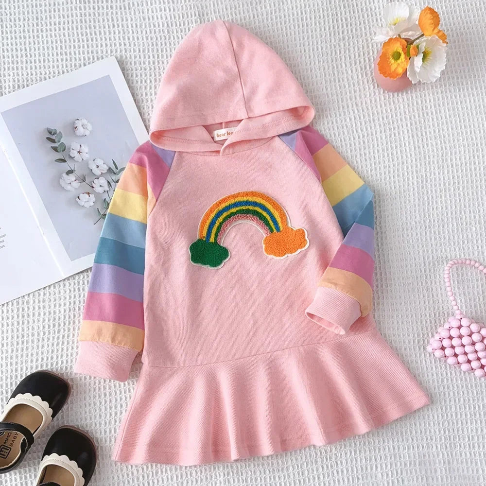 Autumn Rainbow Dress Baby Girls Party Princess Dress Korean Version Long Sleeves Kids Clothes Casual Hooded Sweatshirt Outfits
