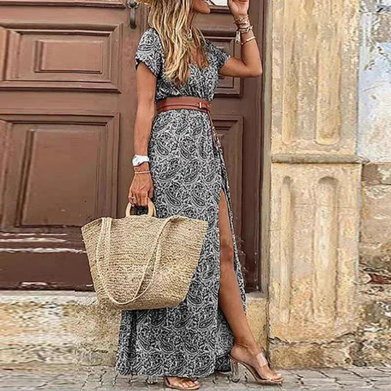 Women Summer Trend Holiday Dress Sexy Casual Elegant V-Neck High Slit Irregular Retro Vintage Print Slim With Belt Midi Dress