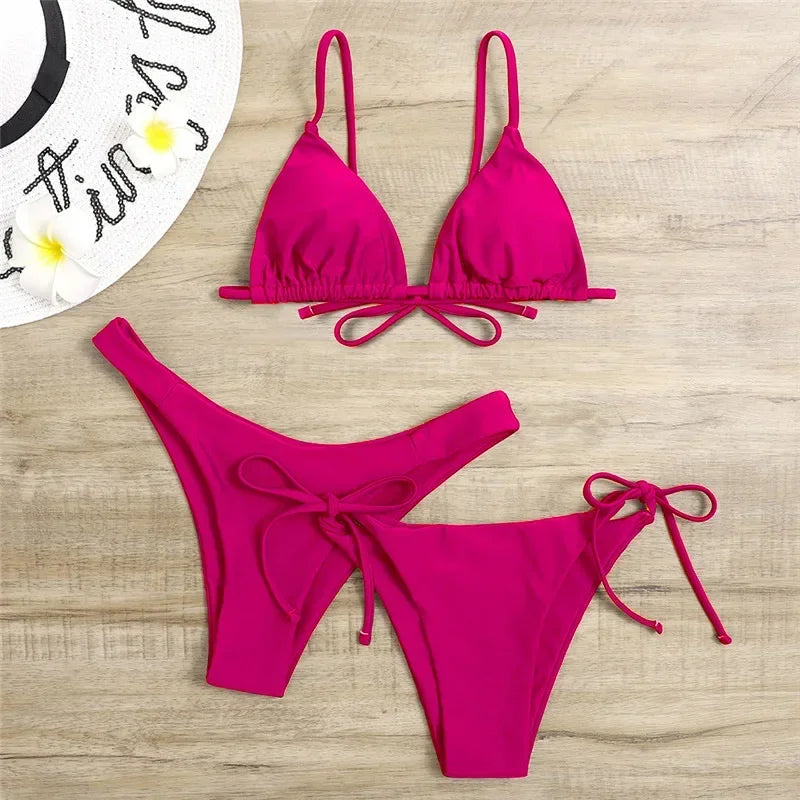 Women's Sexy 3-Piece Bikini Set - Push Up Bandage Triangle Swimsuit in Blue & Purple, Brazilian Beachwear