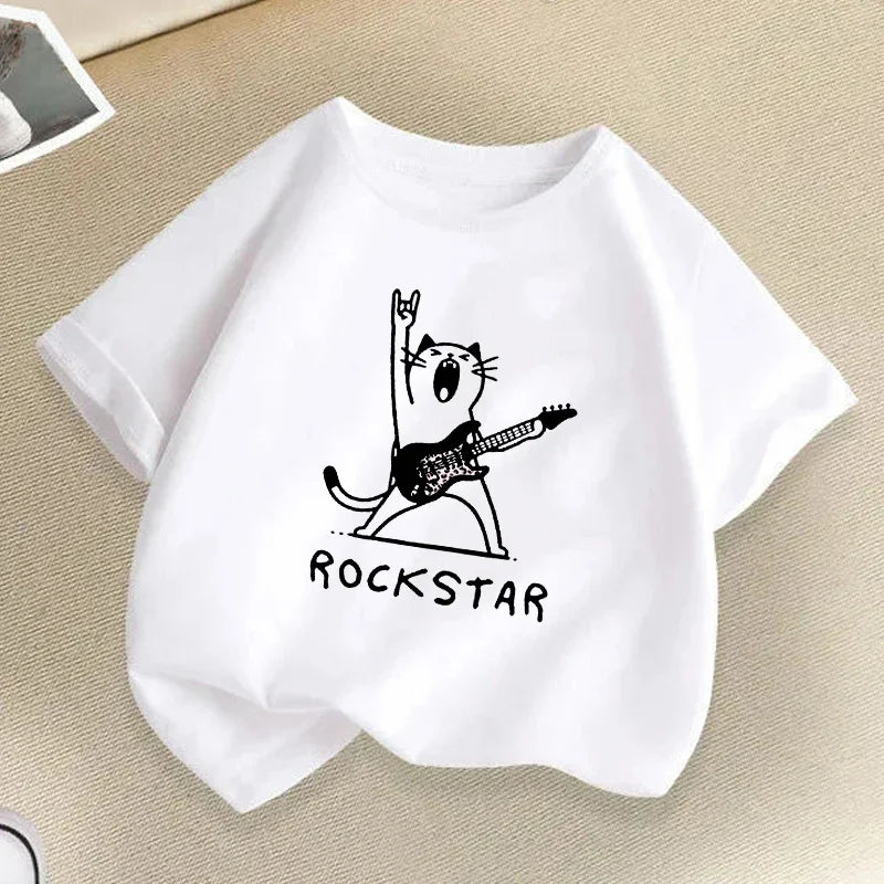 Funny Rock Star with Music Cat Children T-Shirts Summer Hip Hop Kids T-shirt Boys Girls Casual Fashion Colorful Top Tee Shirt