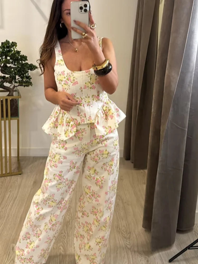 Floral Printed Women Long Pants Set Elegant Sleeveless Backless Vest Wide Leg Trousers Chic Holiday Vacation Lady Summer Outfits BAZAARHUBO