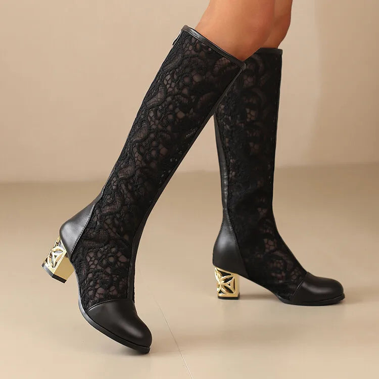 Vintage Hollow Embroider Mesh Surface Knee Length Women's Boot  5.5cm Thick Heel Fashion Women's Boot 34-47 Summer Cool Boots