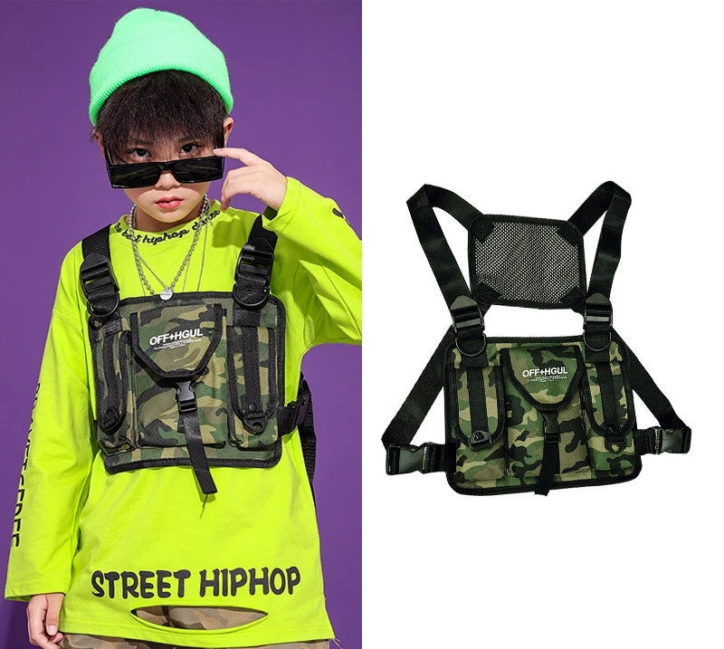 Boys Hip Hop Cool Vest Girls Cargo Pant Outfit Child Sweatshirt Chest Bag Joggers Street Dance Kids Streetwear Costume Sportwear