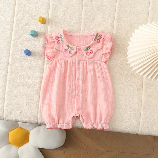 Baby Girl Summer Romper Newborn Cotton Gauze Cherry Embroidery Jumpsuit 0-24M Infant Cute Pink Princess Onesies