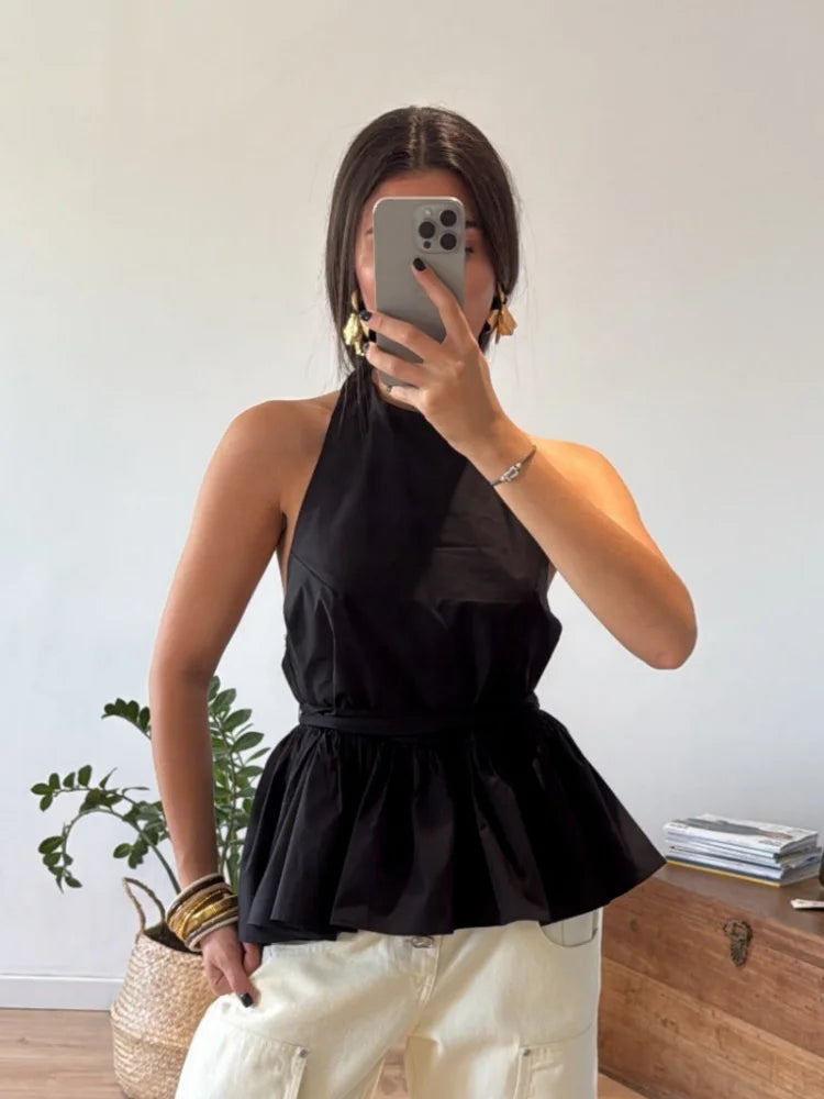 Women Trendy Black Halter Neck Peplum Top Open Back High Neck Tie Waist Sleeveless Blouse For Women Summer Casual Daily Outfit