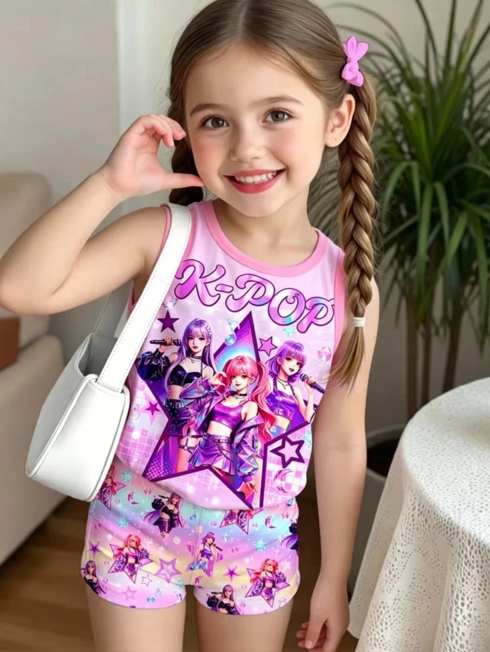 Kids Clothes Girls 2-Piece K-Pop Star Print Tank Top T-Shirt & Shorts Set Casual Streetwear Summer Daily Outfit Girls Clothes