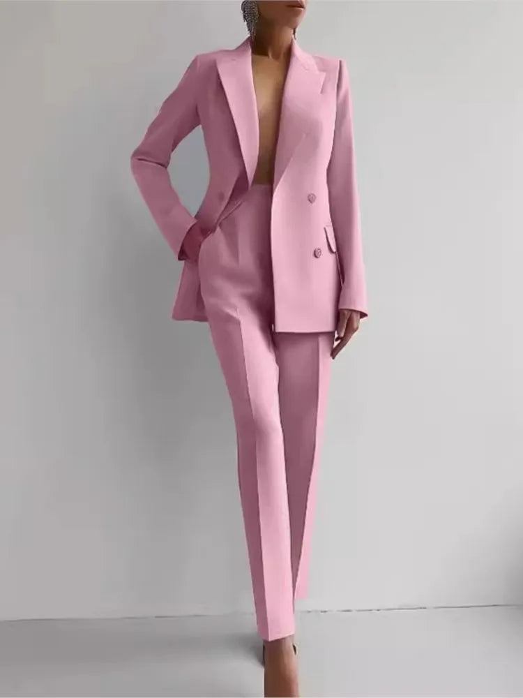 Spring Casual Long Sleeve Two Piece Blazer Pants Suit For Women Office Wear